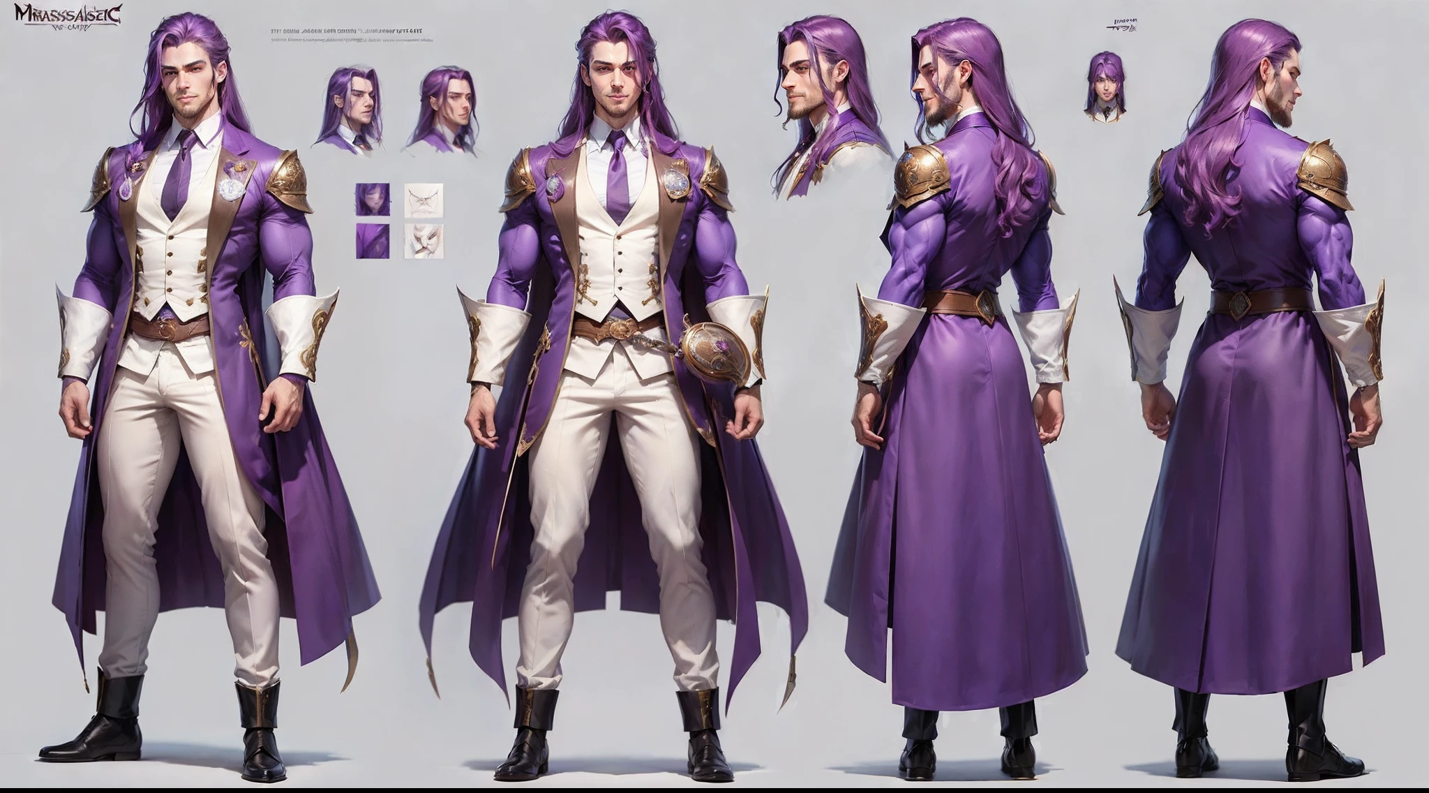 ((Masterpiece)),(((Best Quality))),(Character design sheet,same character,front,side), Male Reference List, long purple hair, purple eyes, Smiling, Doctor's gown, A cunning face, Detailed hair, (Simple background, whitebackground: 1.3), muscle body, handsome body