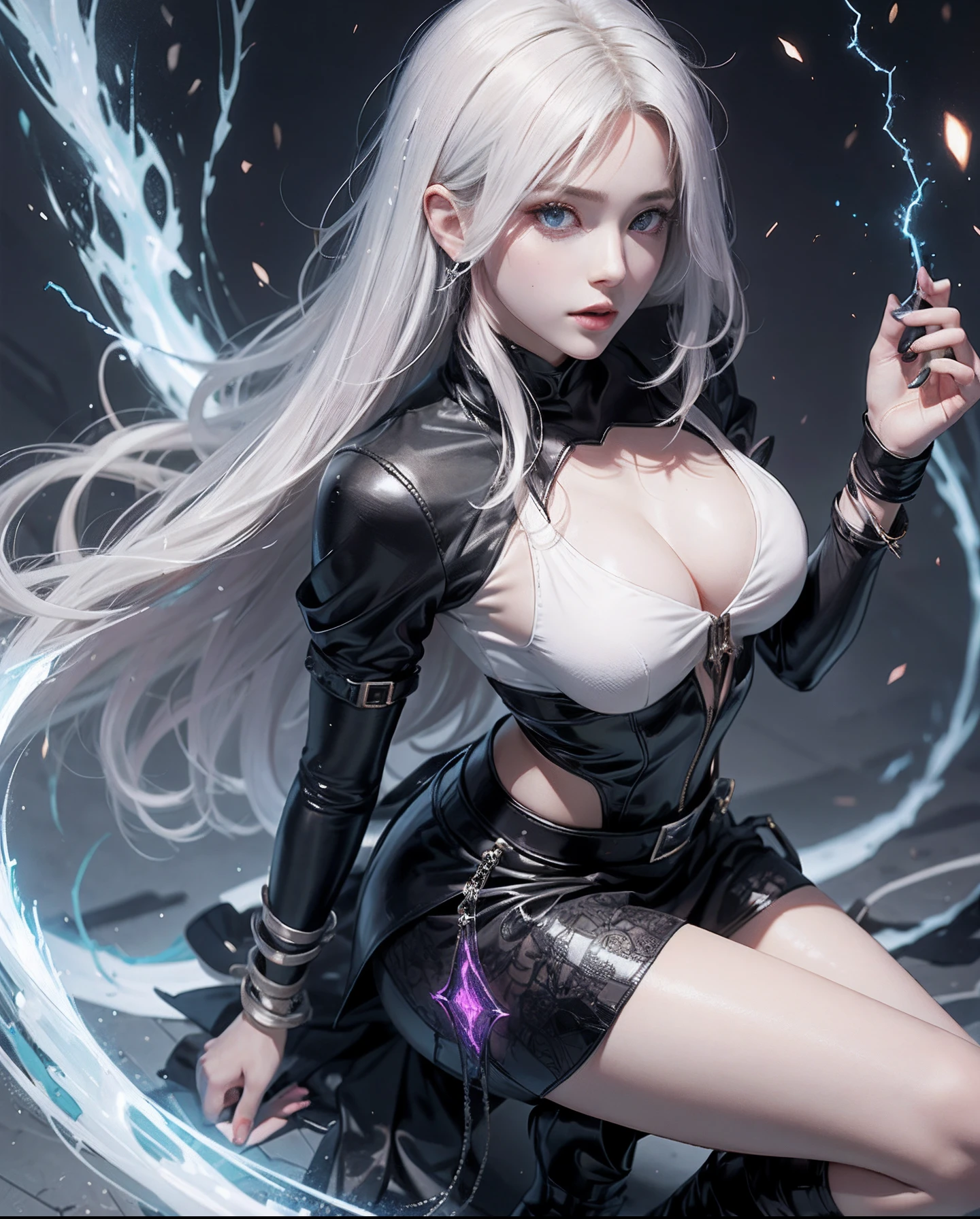 1Beautifulwoman，ff Tifa， X-Menstorm, Lightning is in your hands, Homogeneous symbionts, Venom,, pure white hair, skirt by the,glowing light eyes、Angle from above the knee、Breasts are small and B size、A slender、Cleavage is visible。legs are thin and beautiful,the skin is white and transparent,Hair shortcuts、high-heels、