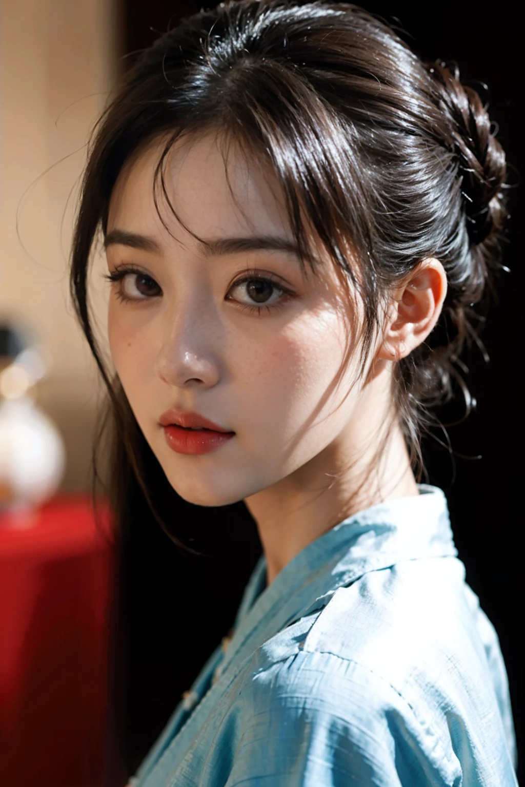 Close-up of Gong Li,Hair tied up in a bun, Beautiful character painting, a beautiful anime portrait, palaces, a girl in hanfu, Fanchy, Jie Nakahara, stunning face portrait, a beautiful artwork illustration