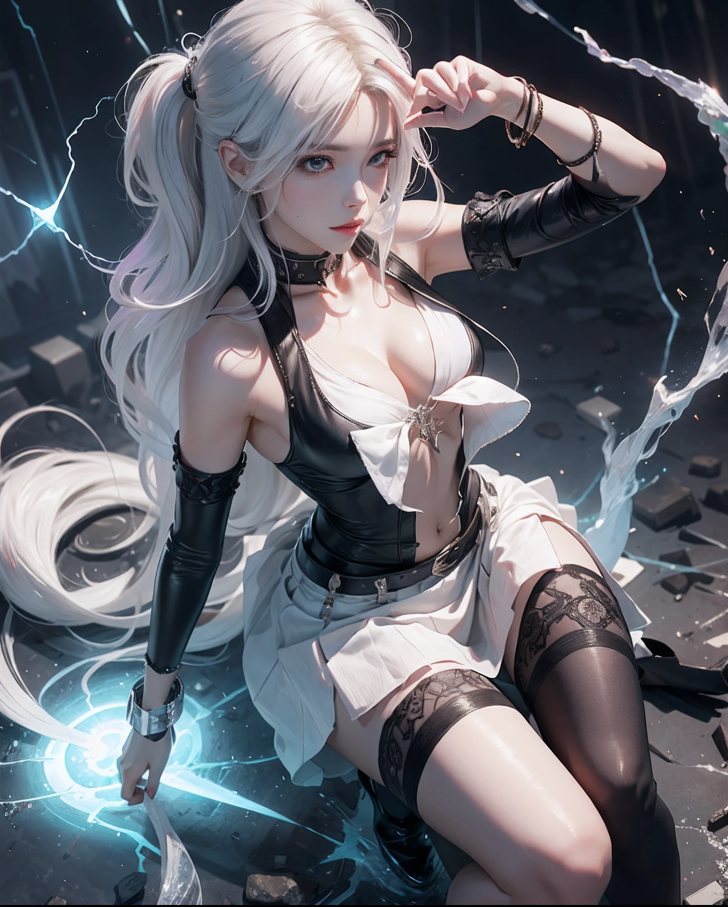 1Beautifulwoman，ff Tifa， X-Menstorm, Lightning is in your hands, Homogeneous symbionts, Venom,, pure white hair, skirt by the,glowing light eyes、Angle from above the knee、Breasts are small and B size、A slender、Cleavage is visible。legs are thin and beautiful,the skin is white and transparent,Hair shortcuts、high-heels、