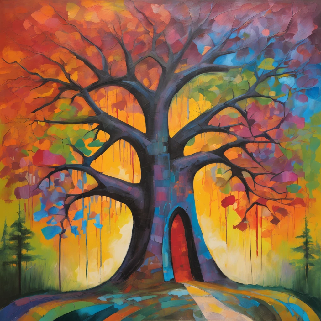 "A towering tree with vibrant rainbow-colored leaves, casting its majestic shadow over an enchanting fantasy village."