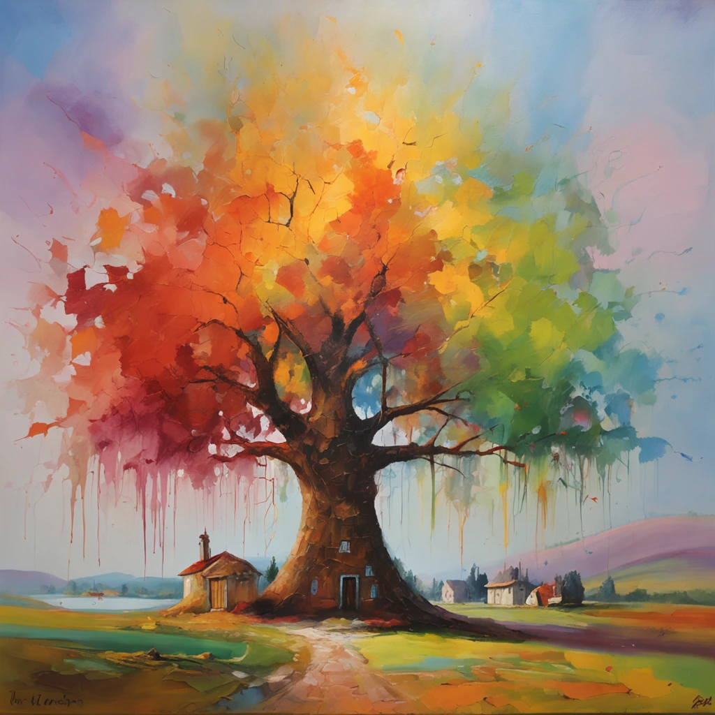 "A towering tree with vibrant rainbow-colored leaves, casting its majestic shadow over an enchanting fantasy village."