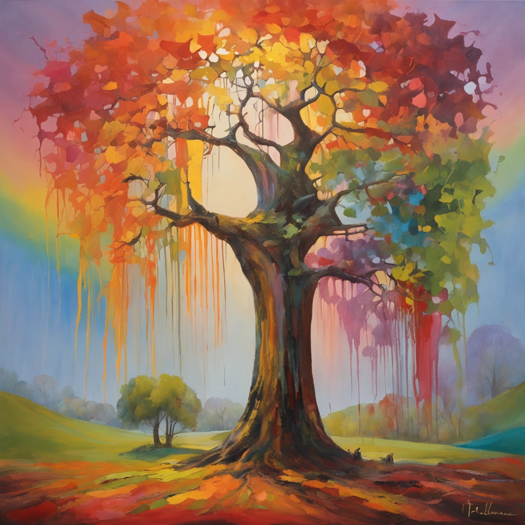 "A towering tree with vibrant rainbow-colored leaves, casting its majestic shadow over an enchanting fantasy village."