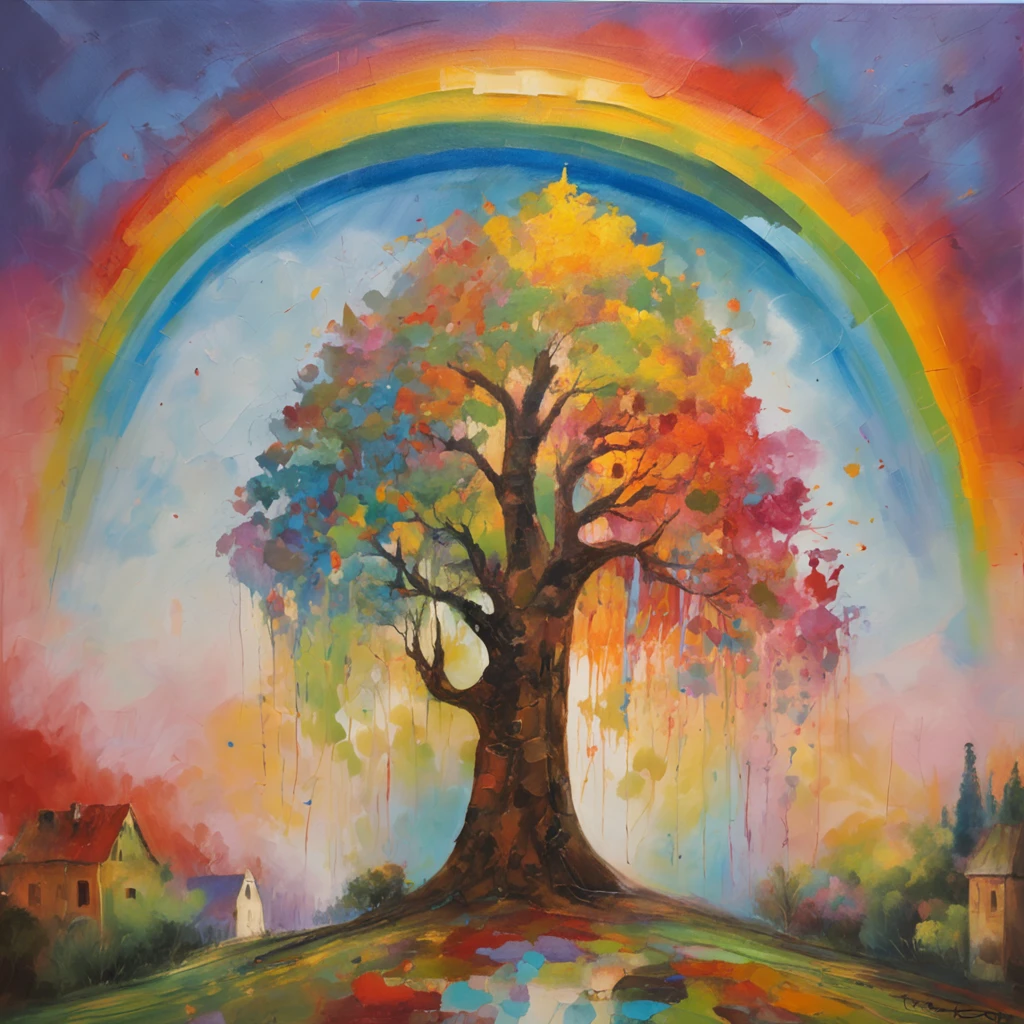 "A towering tree with vibrant rainbow-colored leaves, casting its majestic shadow over an enchanting fantasy village."