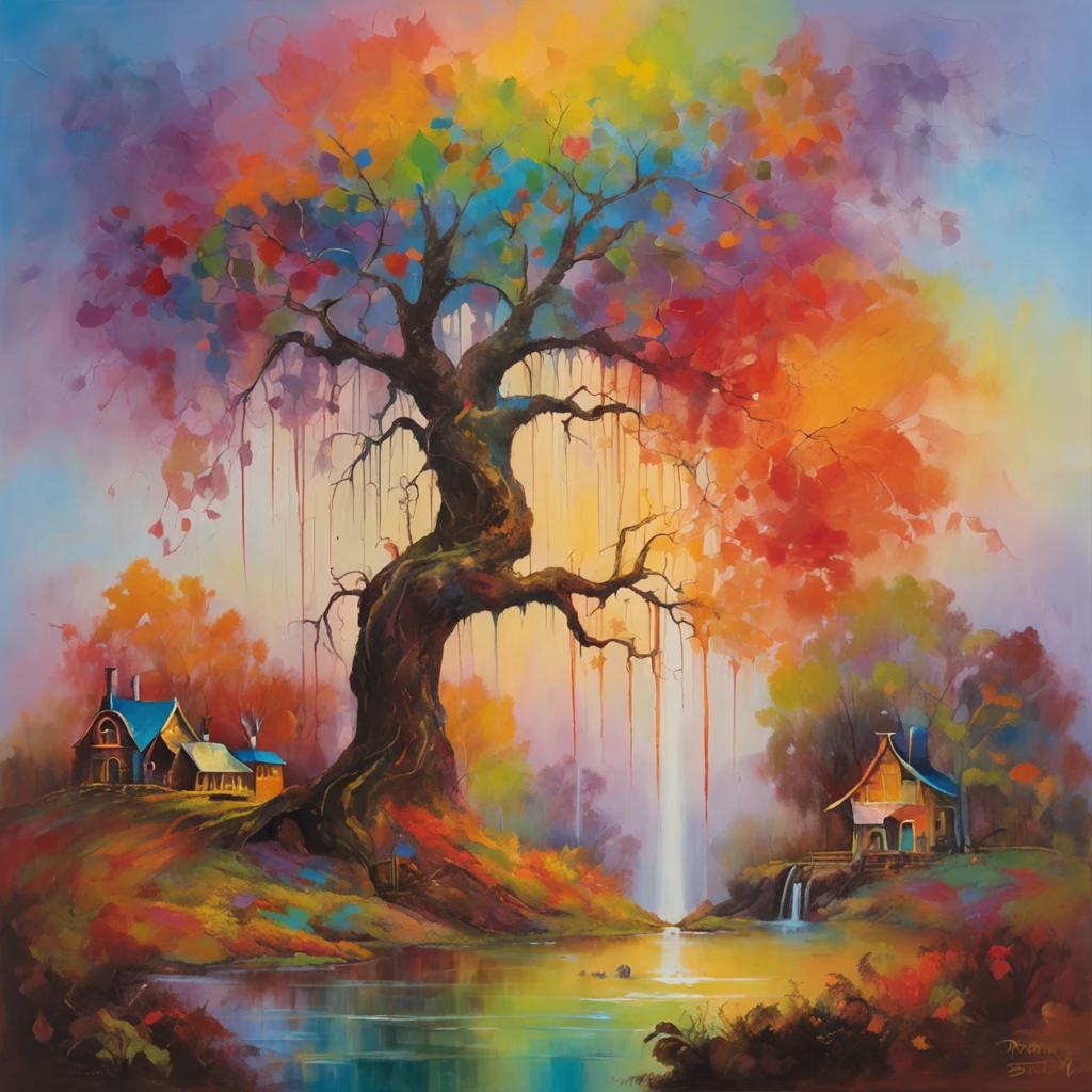 "A towering tree with vibrant rainbow-colored leaves, casting its majestic shadow over an enchanting fantasy village."