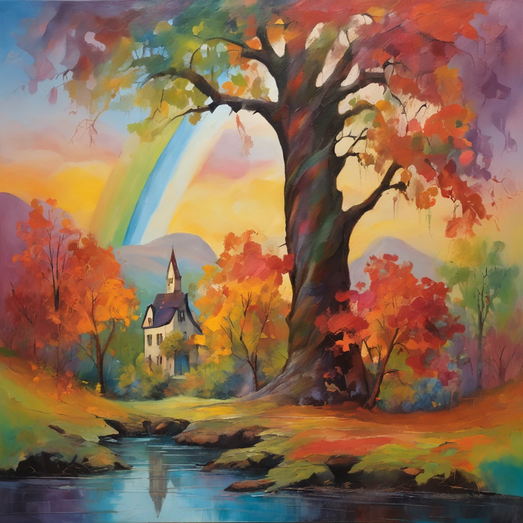 "A towering tree with vibrant rainbow-colored leaves, casting its majestic shadow over an enchanting fantasy village."