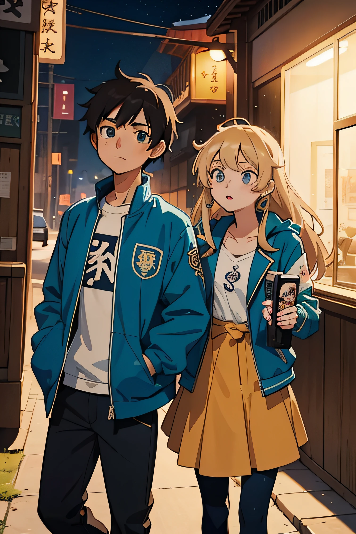 Drawing of a man and a woman, romantic, man in a gray jacket and jeans, teal undershirt, anime style character, full body portrait of a short!, anime style”, as an anime character, cel - shaded art style, in the style of akira, single character full body, woman in a yellow jacket and blue dress, cel - shaded art style, anime style character, rena nounen style 3/4, inspired by Yang J, portrait knights of zodiac girl, inspired by Leiko Ikemura, annabeth chase, princess 'kida' kidagakash, in an anime style, as an anime character, medium long hair, couple, romantic, park, grown ups, 18 years old, sitting in bench, park, night,  masterpiece