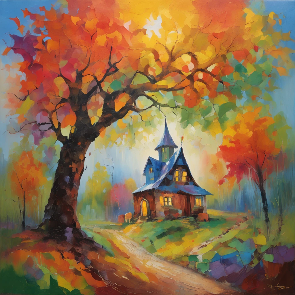 "A towering tree with vibrant rainbow-colored leaves, casting its majestic shadow over an enchanting fantasy village."