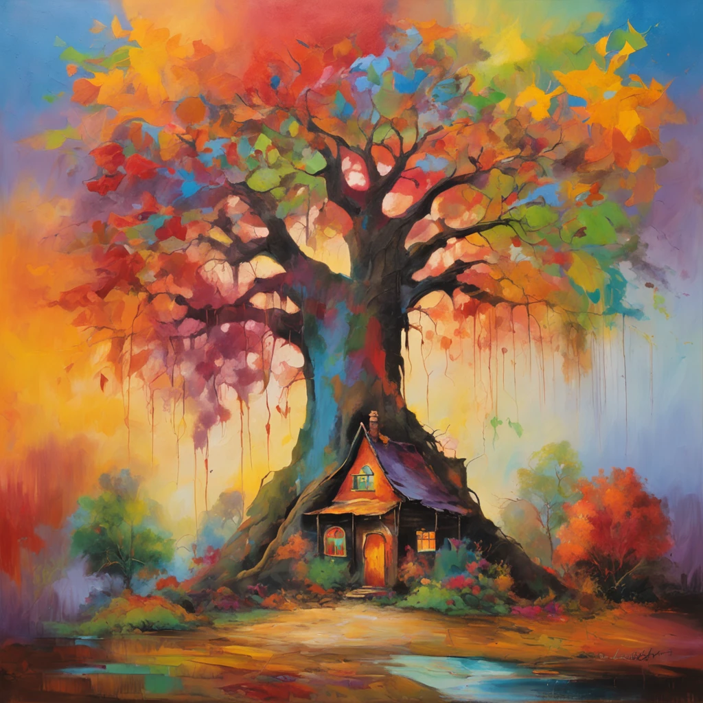 "A towering tree with vibrant rainbow-colored leaves, casting its majestic shadow over an enchanting fantasy village."