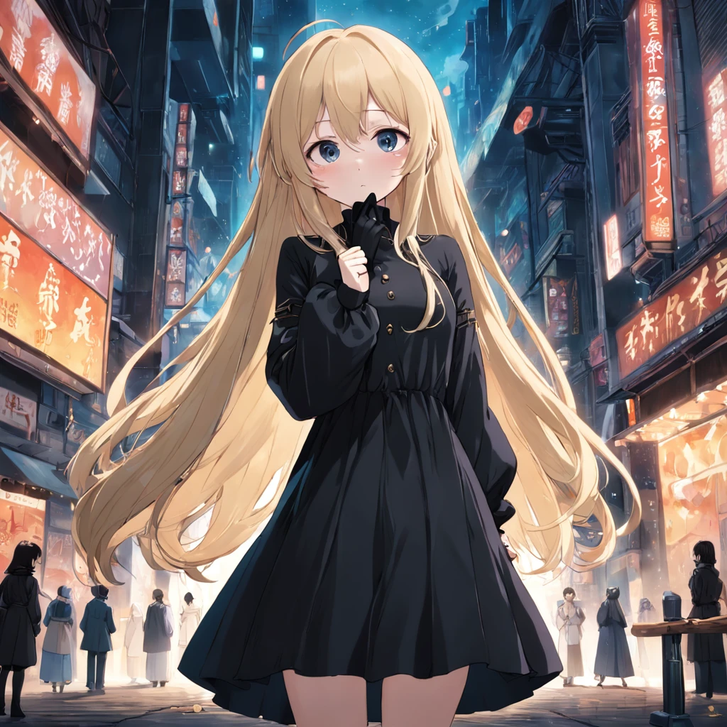 short girl with a large and long puffy black dress with long sleeves, pale sickly skin, long black gloves, very light blond long hair slightly covering her face, empty and tired eyes