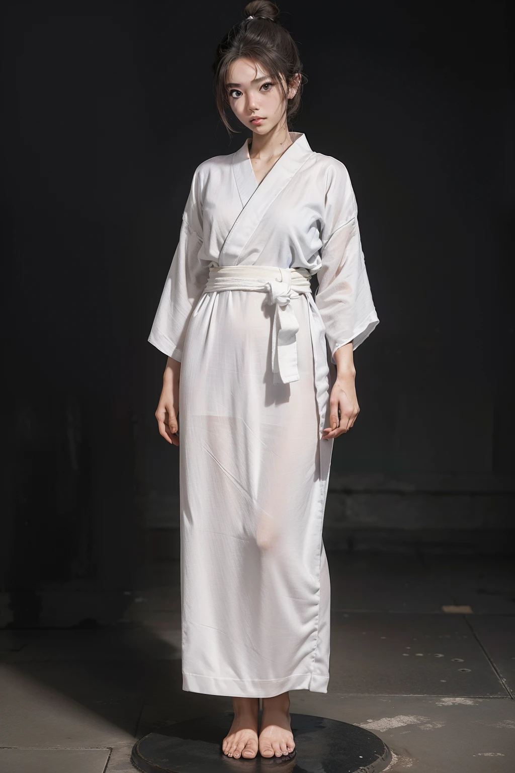 The light is gentle,1 girl in a gray yukata,white sash,burlap,Female prisoners,With a petite figure,brunette color hair,hair-bun,Stand in a gloomy prison,stand posture,Full body like,Painful expression,is shy,Clothing covers the whole body,folds,solid color backdrop,Get wet all over your body