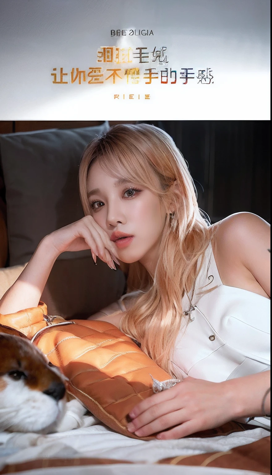 The Aalfed woman lay on the bed，There were pillows and pillowcases, ji-min, gulper eel, jia, jaeyeon nam, Shot on Canon EOS R 6, with round face, Lee Ji-eun, lee ji eun, shaxi, leaked image, Milky white skin, krystal, Choi Hyun-hwa, park jimin，Hyper-realistic rendering，Divine sense top light，Cinematic lighting effects，Vray rendering，Hermès official poster，The product is placed on the table in front of the window，Morning light shines through the windows on the product，Warm feeling，There is a faint mist under the light，