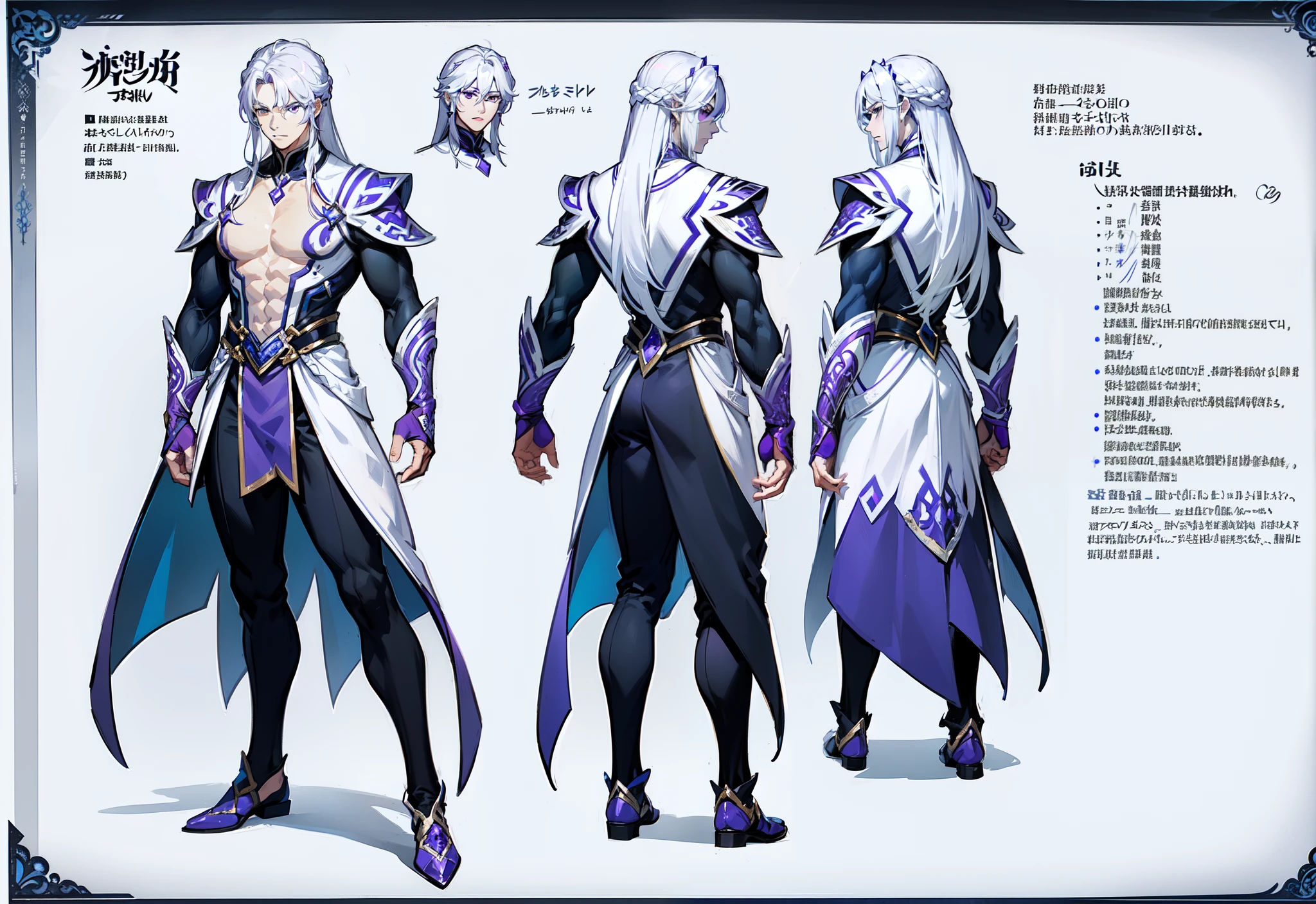 1boy, single, asian boy, reference sheet, character design, front angle, side angle, rear angle, dynamic poses, (masterpiece:1.2), (best quality:1.3), ice fantasy outfit, muscle body, athletic body. (Purple eyes), (long hair), (long bangs), (white hair), (pale skin), (reference sheet:1.5)