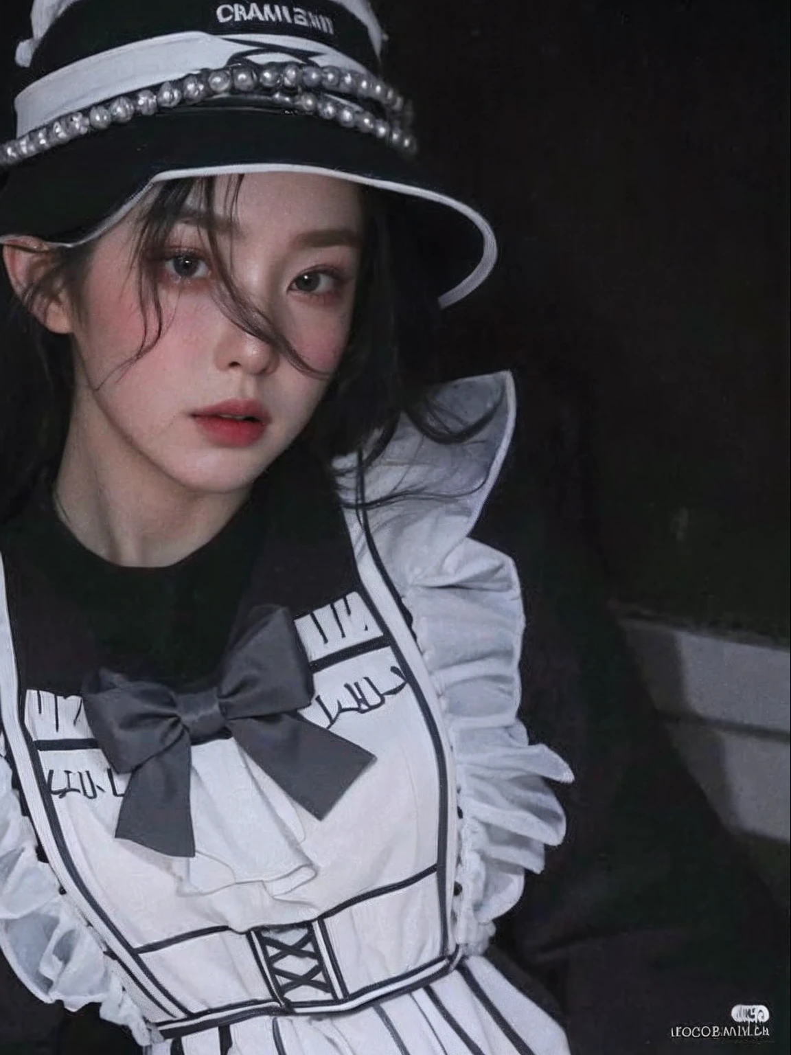A closeup of a woman wearing a black and white hat, darkwave goth aesthetic, goth girl aesthetic, gothic aesthetic, wearing japanese techwear, she is wearing streetwear, cruel korean goth girl, por Shinoda Shop, gothic horror vibes, Chiho, Retrato da menina radical de Lolita, bladee from drain gang, Ela parece uma mistura de Grimes,((qualidade maior que 8k, 1.4))