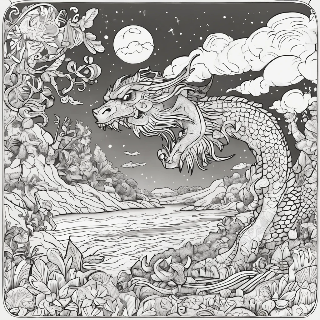 coloring page for kids, sem cor, dragon in the sky, estilo dos desenhos animados, sem detalhes, sem sombreamento, sem cor, sem sombra, baixo detalhe