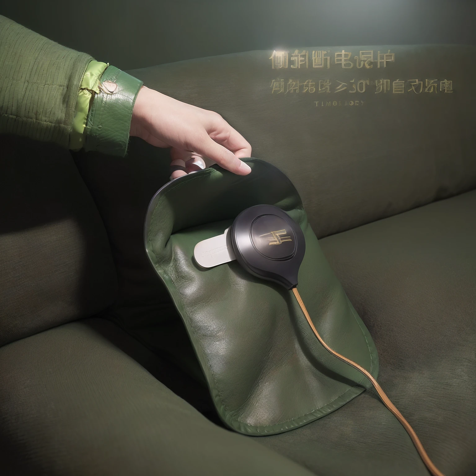 Someone is holding a green case with headphones, Product photo, soft - warm, warm, zun, designed for cozy aesthetics!, professional product photo, #Green, product image, Official product image, Lazy, product introduction photos, Wang Chen, high quality product photo, ( ( Dark green, flat, easy to use, nanquan,Hyper-realistic rendering,Divine sense top light,Cinematic lighting effects,Vray rendering,Hermès official poster,Green leather sofa background,Warm feeling,There is a faint mist under the light,and the sun was shining brightly,Morning light shines on the product,Tyndall light effect