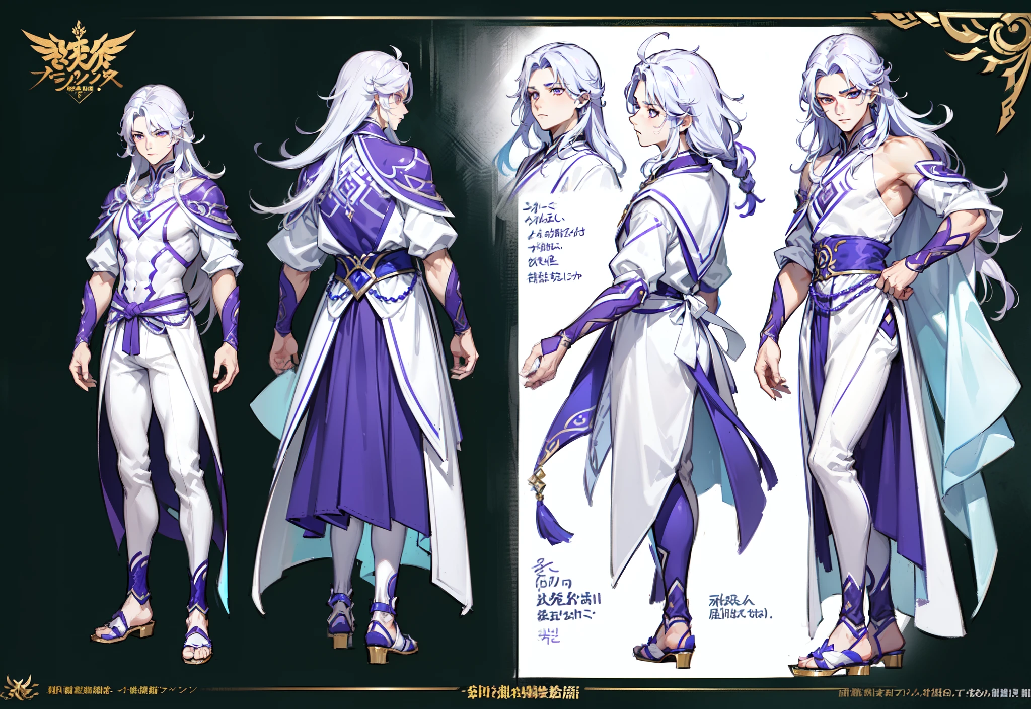 1boy, single, asian boy, reference sheet, character design, front angle, side angle, rear angle, dynamic poses, (masterpiece:1.2), (best quality:1.3), ice fantasy outfit, muscle body, athletic body. (Purple eyes), (long hair), (long bangs), (white hair), (pale skin), (reference sheet:1.5)