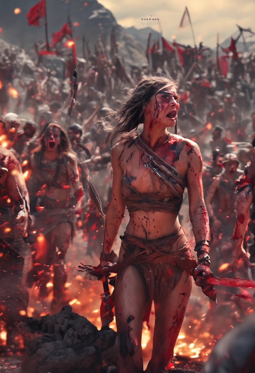 A beautiful naked female warrior，Fight to the death with a beast，Blood splattered at the scene，There were a large number of people waving flags and shouting around