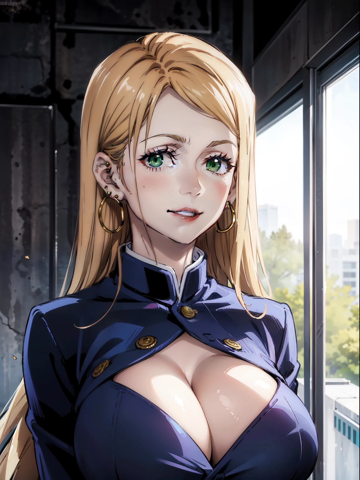 high quality, half body, she's alone, white skin, long hair, blonde hair, green eyes, red lips, pink eyeshadow, gyaru, smile, ear piercings, gorgeous face, huge boobs, based in Jujutsu kaisen art style