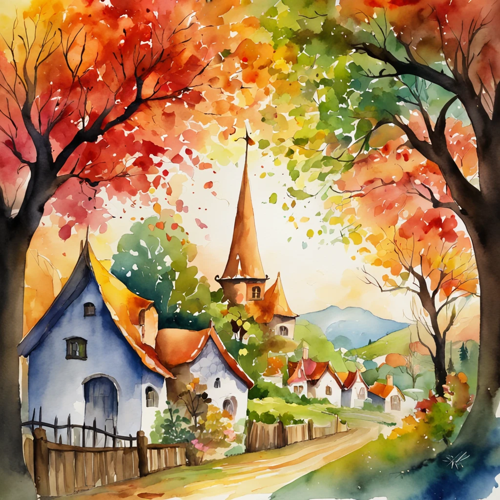 "A towering tree with vibrant rainbow-colored leaves, casting its majestic shadow over an enchanting fantasy village."