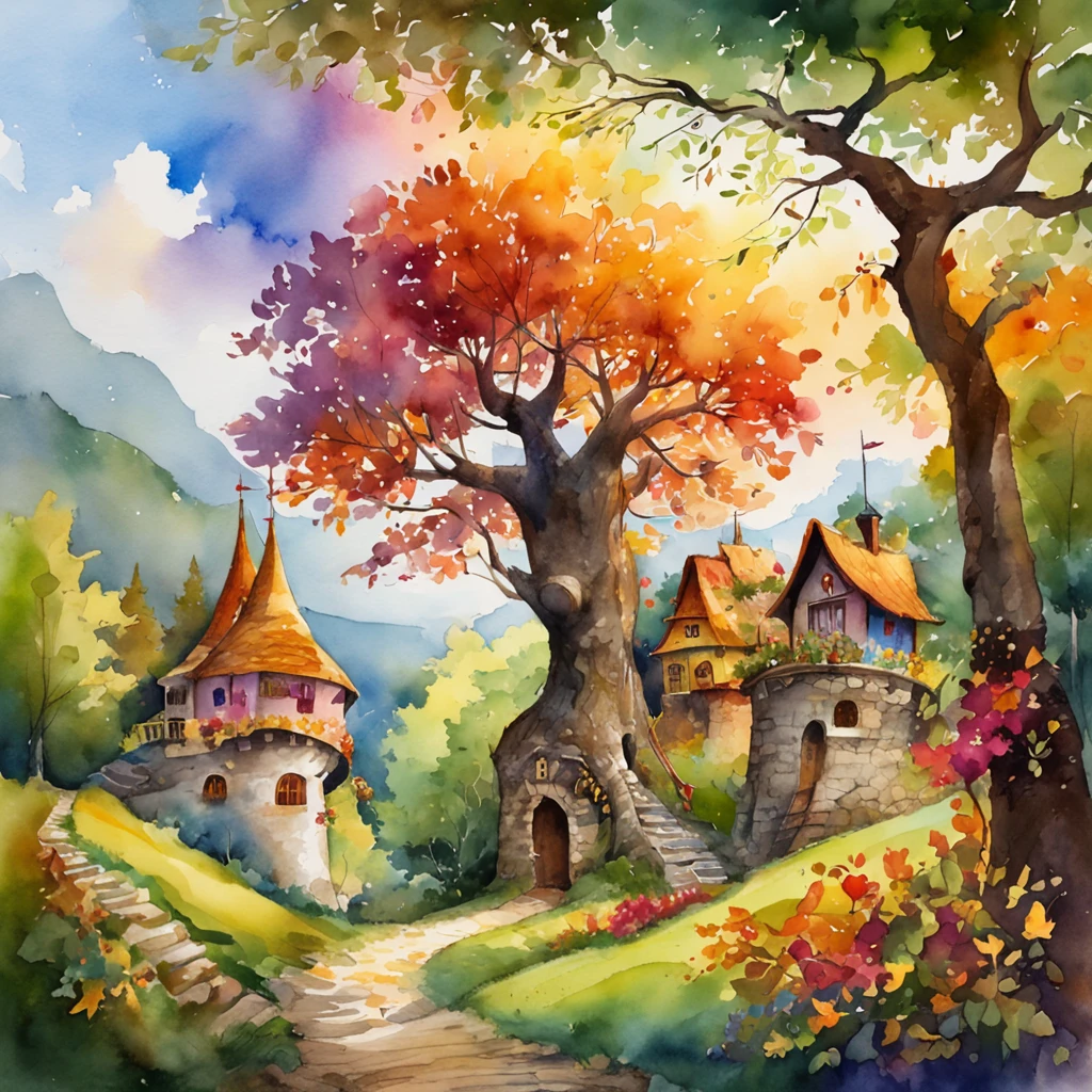 "A towering tree with vibrant rainbow-colored leaves, casting its majestic shadow over an enchanting fantasy village."