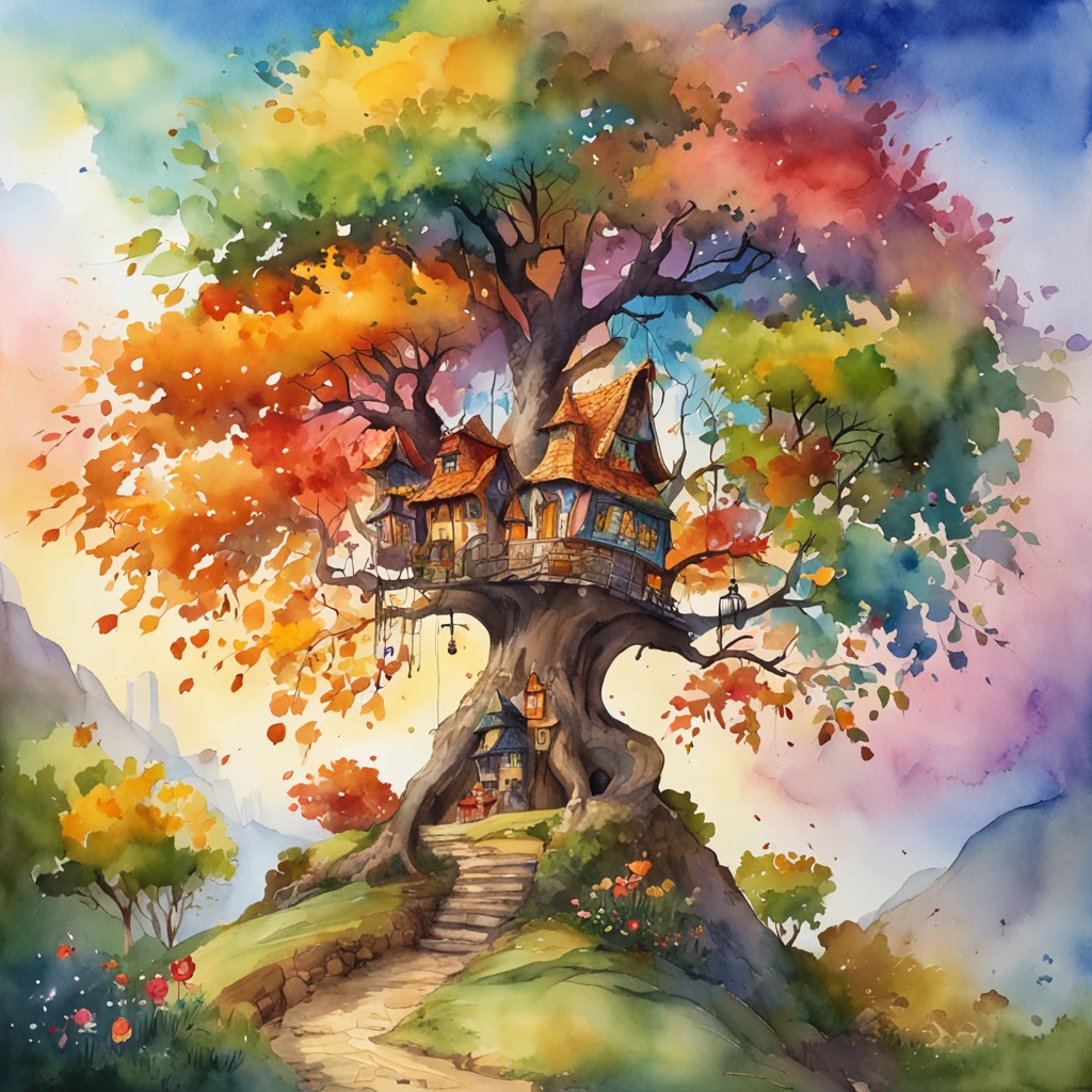 "A towering tree with vibrant rainbow-colored leaves, casting its majestic shadow over an enchanting fantasy village."