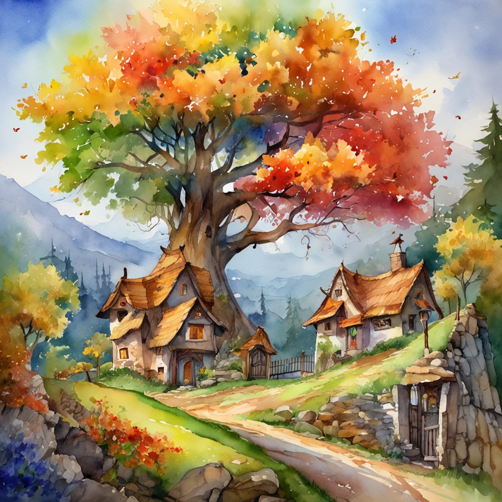 "A towering tree with vibrant rainbow-colored leaves, casting its majestic shadow over an enchanting fantasy village."