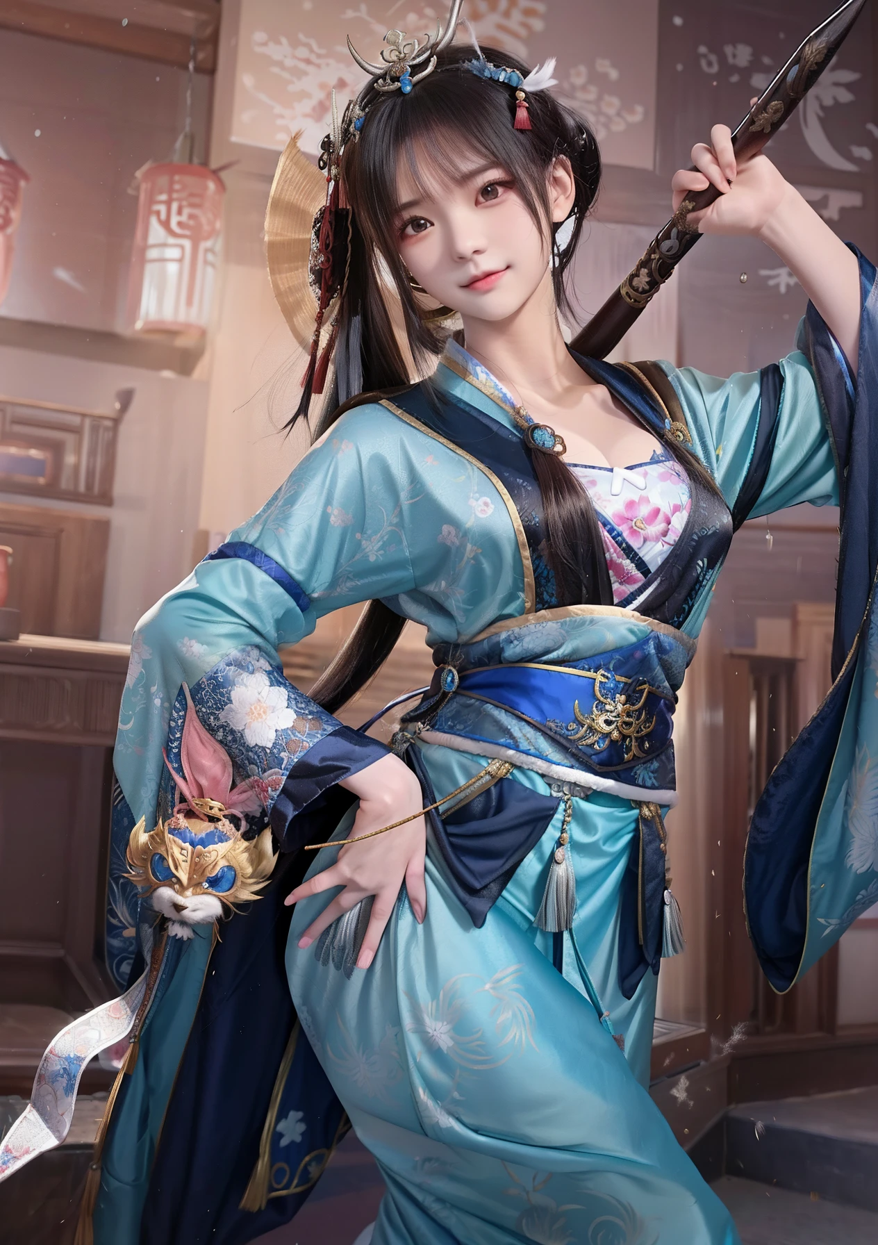 Zhang Xingcai, dressed in blue, holds a close-up of a Zhangba snake spear, Anime girl cosplay, Palace , A girl in Hanfu, Anime cosplay, zhongli from genshin impact, Chinese costume, Keqing from Genshin Impact, inspired by Leng Mei, Hanfu, cosplay, Gorgeous Role Play, professional cosplay, Japanese goddess, cosplay foto, wearing kimono armour