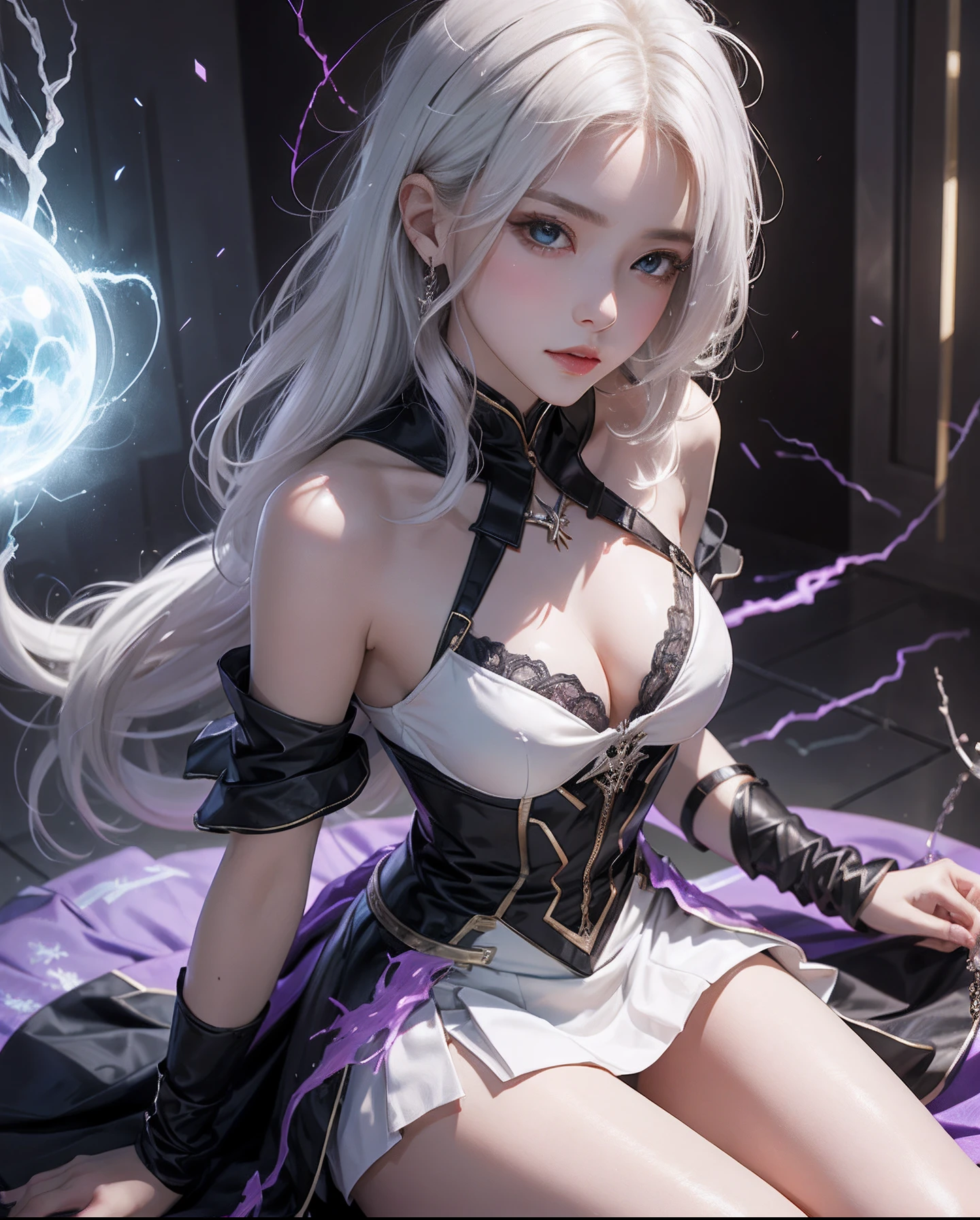 dengekihime、1Beautifulwoman,X-Menstorm, Lightning is in your hands, Homogeneous symbionts, Venom,, pure white hair,short-cut、skirt by the,glowing light eyes、Angle from above the knee、Breasts are small and B size、A slender、Cleavage is visible。Paws are thin and beautiful,the skin is white and transparent,high-heels、