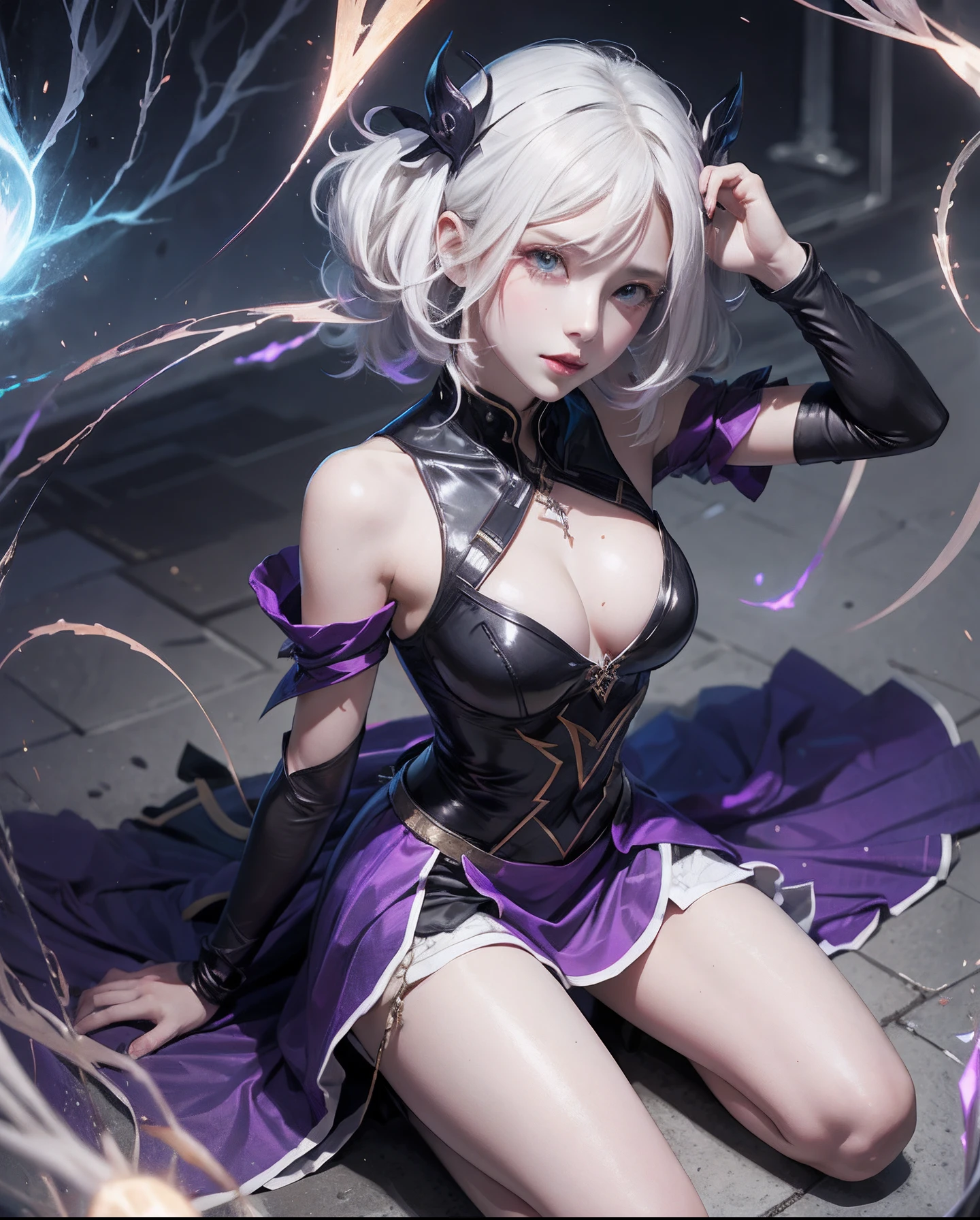dengekihime、1Beautifulwoman，X-Menstorm, Lightning is in your hands, Homogeneous symbionts, Venom,, pure white hair,short-cut、skirt by the,glowing light eyes、Angle from above the knee、Breasts are small and B size、A slender、Cleavage is visible。Paws are thin and beautiful,the skin is white and transparent,high-heels、