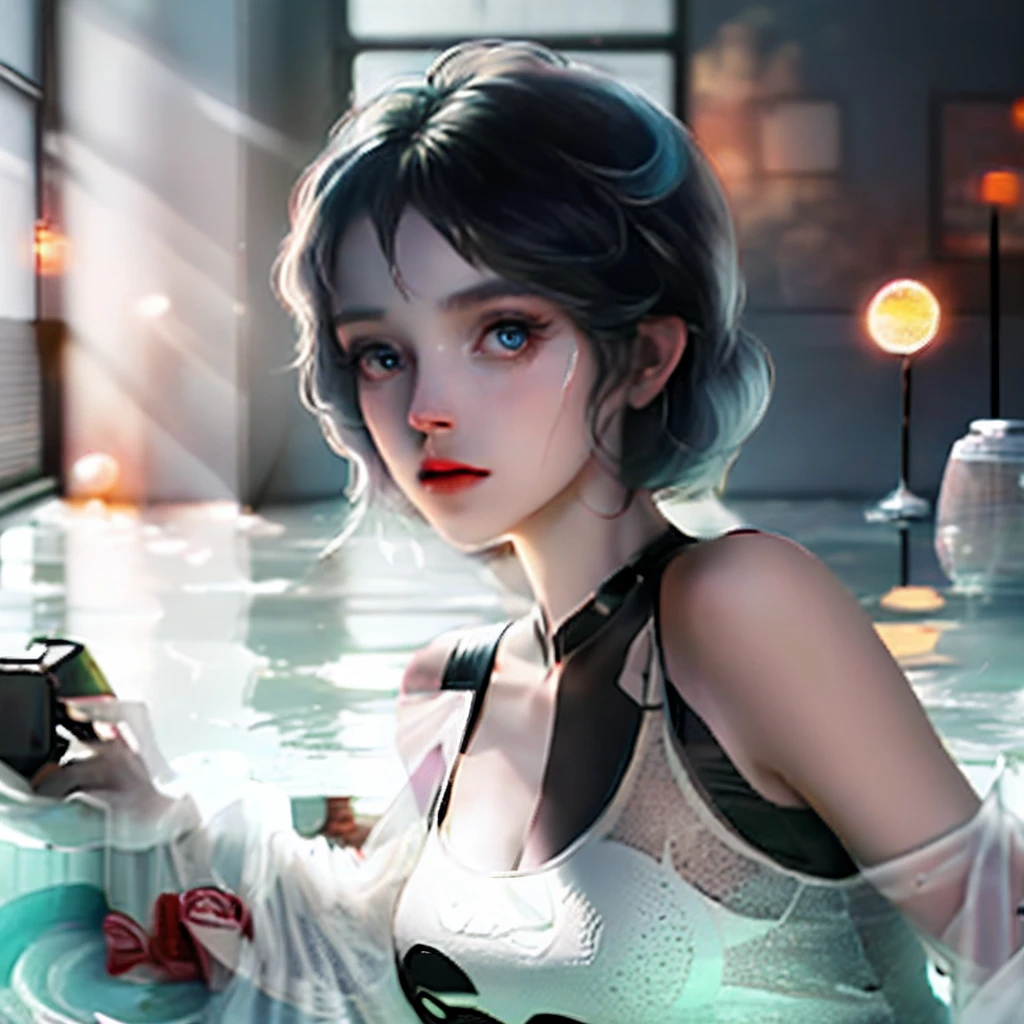 High detail，Best quality，Ultra-fine painting，Luminism，god light，Contre-Jour，Professional lighting，The color hair，Jet-black hair，largeeyes，beautiful and clear eyes，Colored Contact Lenses，Charming，Delicate face，Delicate figure，Fine collarbones，Beautiful breasts，Textured skin，White skin，short see-through dress，Highlight long legs，slender figures，Perfectly proportioned body，20 years old sunny young woman，and wear no underwear，does not wear panties，nakeness，White liquid，Show the whole body，lie on one's side