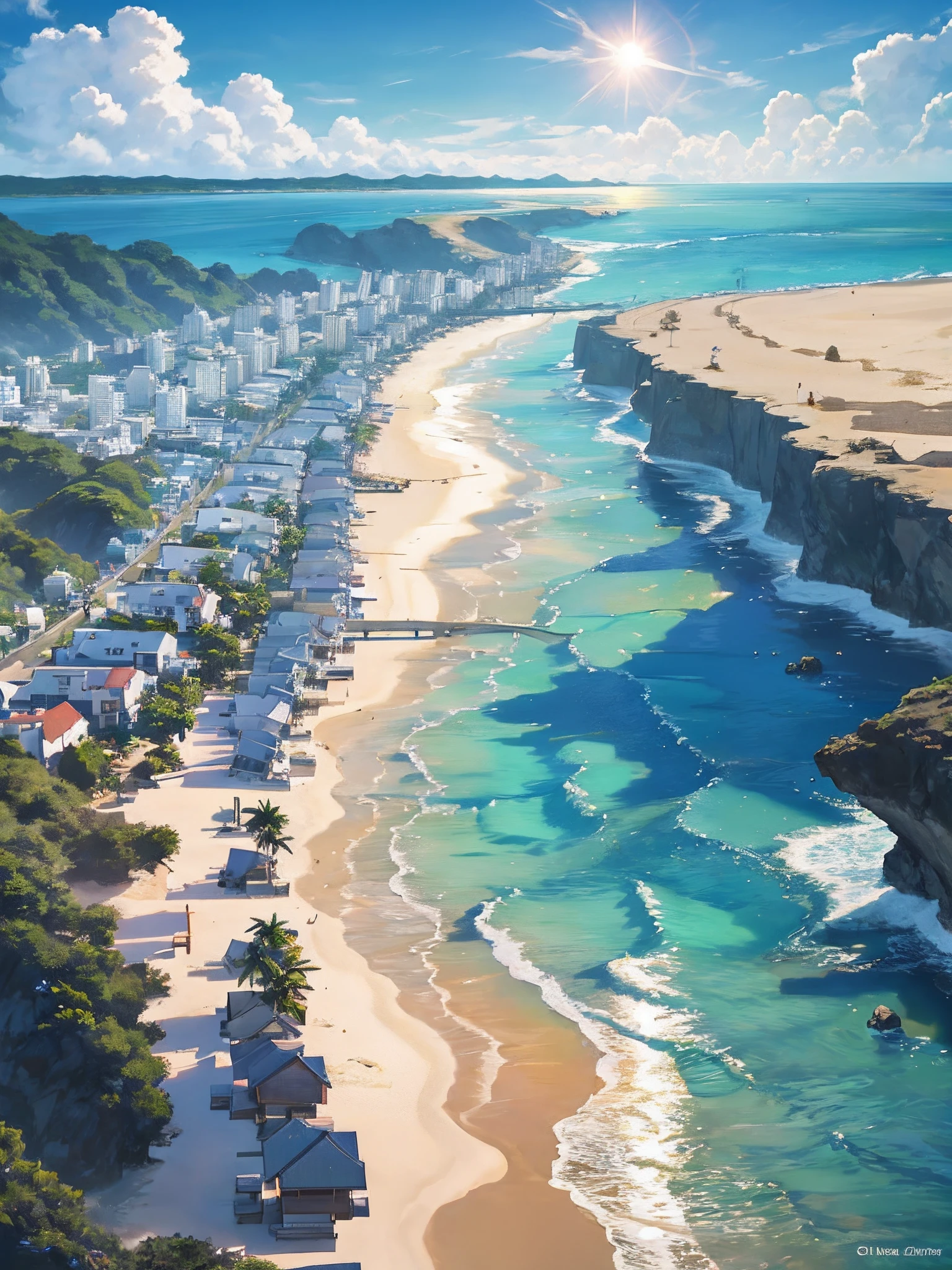 A beachfront paradise, tropical terrain, holiday resort, sun flare, tropical colors, landscape photography, beautiful landscape, ultra-detailed, vibrant scenery, photorealistic, hyperrealistic: