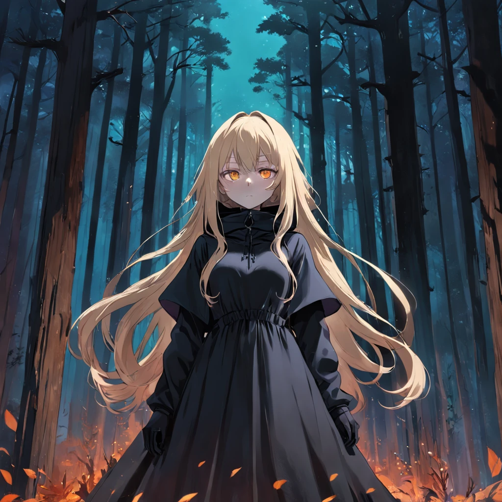 short girl with a large and long puffy black dress with long sleeves covering her entire body, white sickly skin, long black gloves, very light blond long hair slightly covering her face, empty and tired black eyes, standing in a darkly lit forest, a black hood over her head
