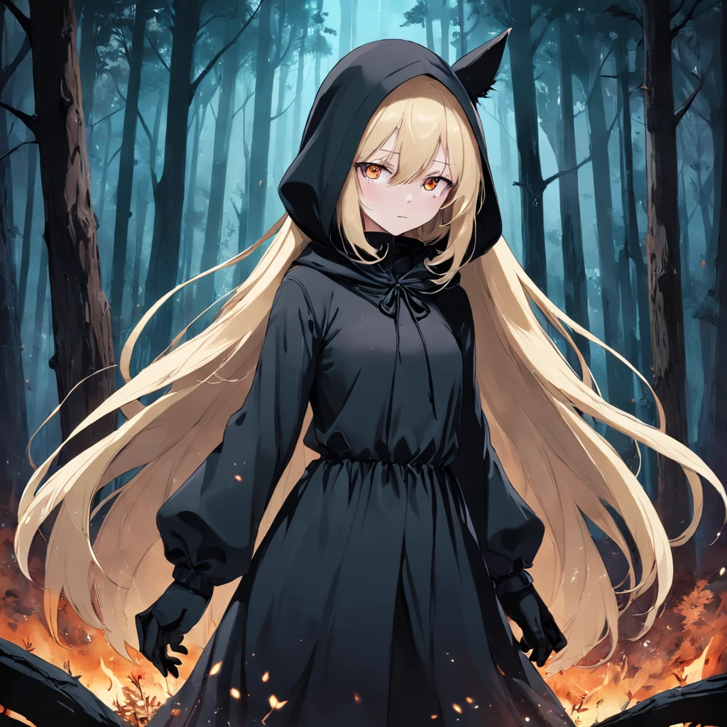 short girl with a large and long puffy black dress with long sleeves covering her entire body, white sickly skin, long black gloves, very light blond long hair slightly covering her face, empty and tired black eyes, standing in a darkly lit forest, a black hood over her head