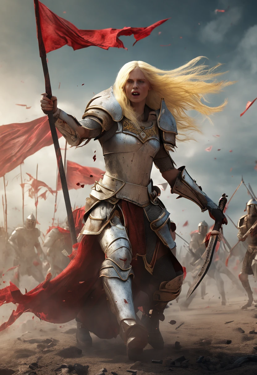 A beautiful naked female knight,White race,Yellow hair,Fight to the death with a beast,Blood splattered at the scene,There were a large number of people waving flags and shouting around