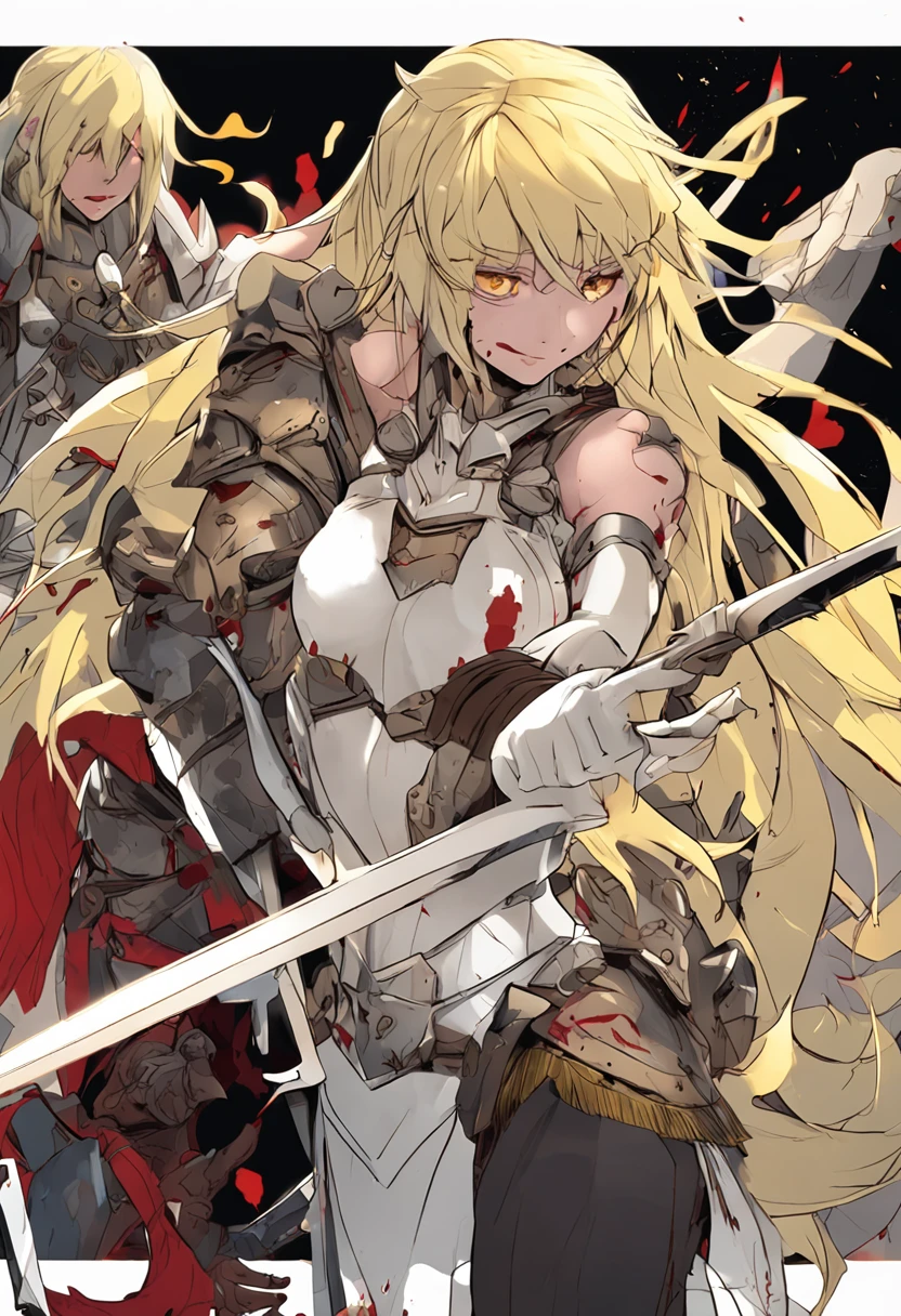 A beautiful naked female knight，White race，Yellow hair，Fight to the death with a beast，Blood splattered at the scene，There were a large number of people waving flags and shouting around