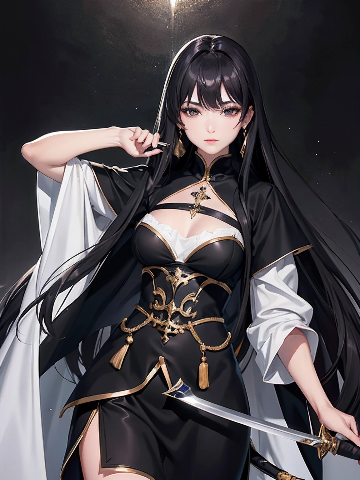 masterpiece、top-quality、hight resolution、High-quality images、8K、1womanl、detaileds、Detailed eye depiction、the detail、skin gloss、Lustrous black hair、Long hair、Monochrome grayscale、Lisa、portlate、Medieval swordsmen、Men、