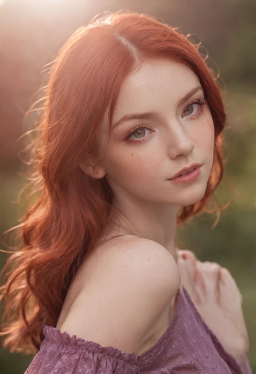 realistic, 1girl, red hair, purple eyes, glowing eyes, crop top, skirt, parted lips, blush, sun, flowers, sun, sunlight,
