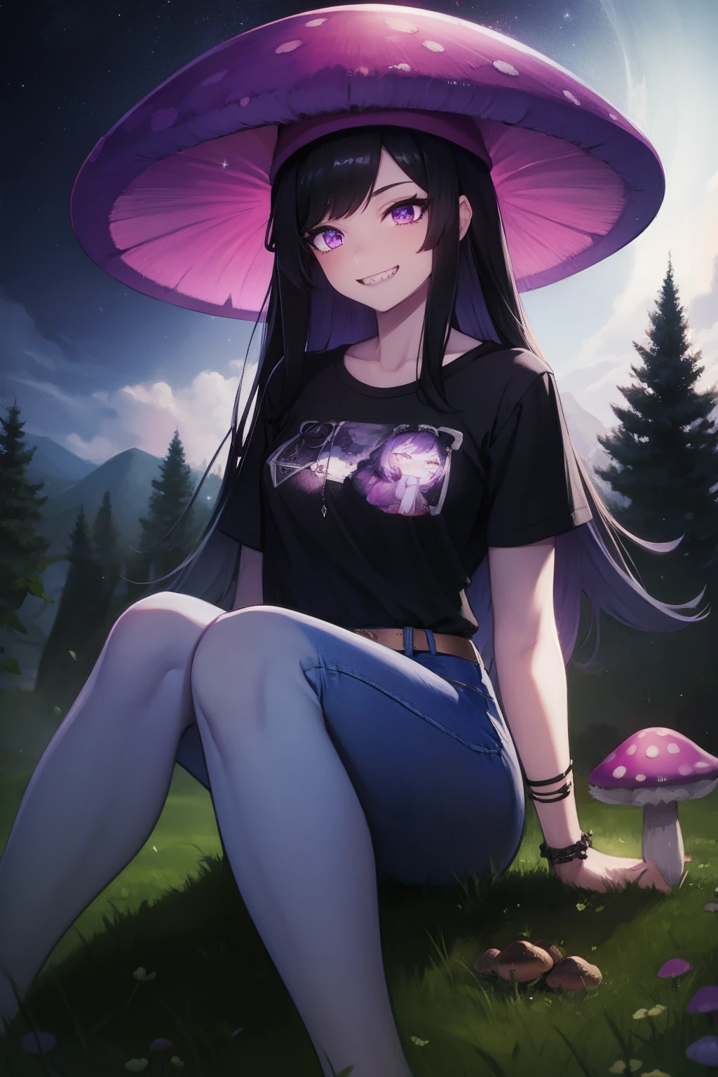 masterpiece,best quality,high quality, best quality, 4k,8k,curvy ,1girl,solo,black hair, crossed bangs, purple eyes,purple mushroom hat, mushroom girl, sitting down in grass,legs crossed, pale skin, sharp teeth, grin, white distressed jeans, night time, stars, black wristbands, black tee shirt,beautiful detailed eyes, closeup