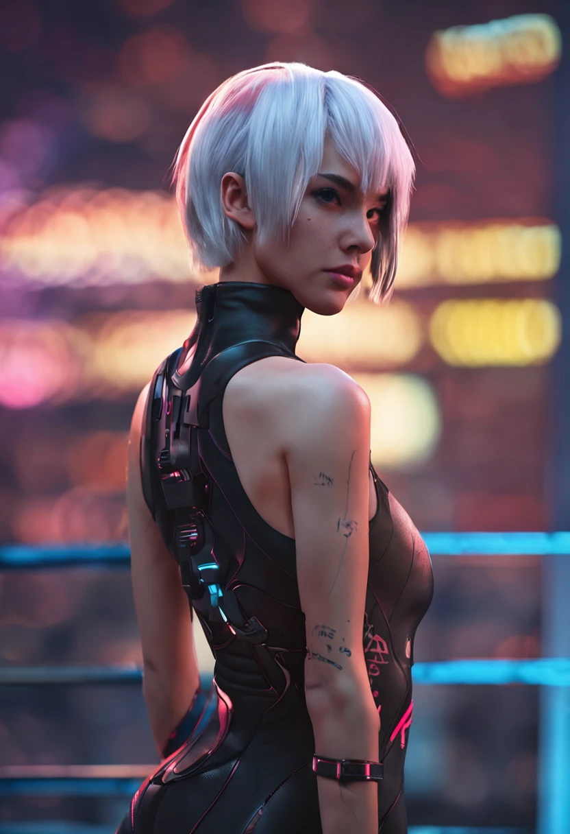 cyberpunk edgerunners, 1girl, lucy, 1boy, david \(cyberpunk\), bare shoulders, blue eyes, leotard, looking away from viewer, back facing viewer, back showing, back skin, back, off-shoulder jacket, off shoulder, red eyeliner, short hair, sleeveless turtleneck leotard, solo, turtleneck leotard, white hair, ((masterpiece))