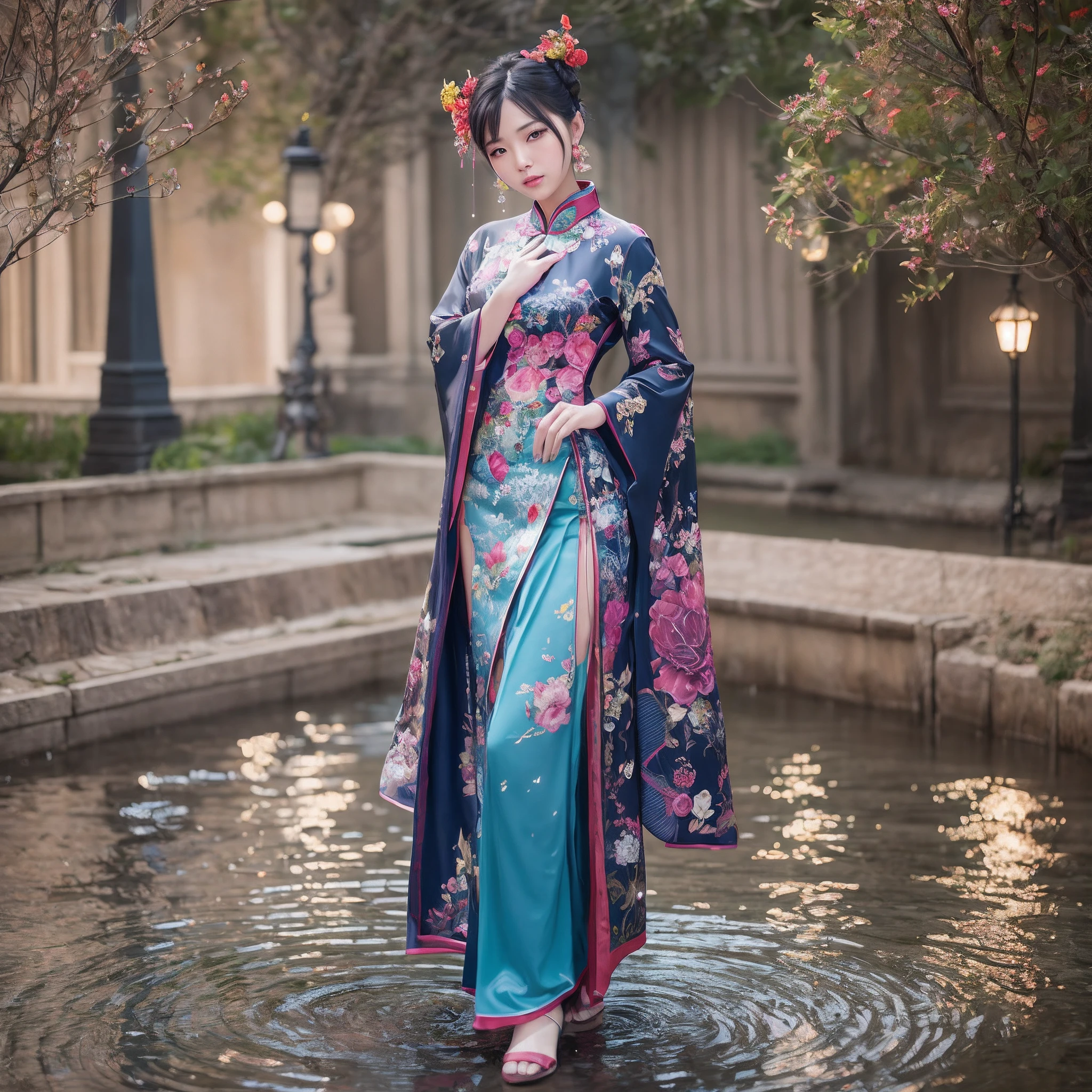 A beautiful chinese woman dressed in chinese design clothes, standing on a wet surface ground, with chinese designed sculptures in the background with the moonlight and night sky full of stars, chinese designed instruments in the scene, with iridescent light, highly detailed images, vibrant beautiful colours, hyperrealistic image, 32k, ultra HD, unreal engine rendered, cinematic lighting, artgerm style, deviantart masterpiece --auto --s2
