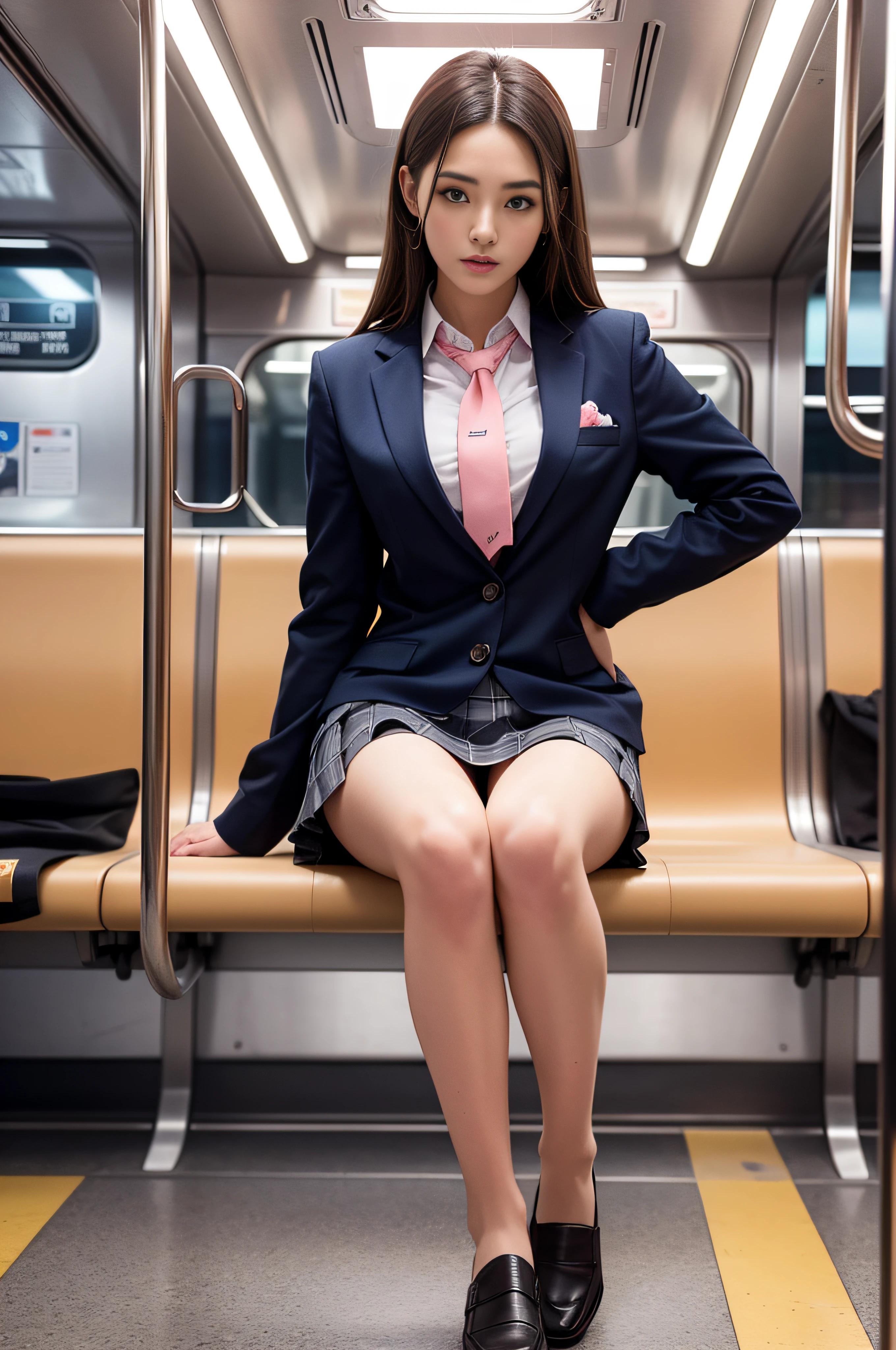 (in 8K、Raw photography、Highest Quality、realisitic、Photorealsitic、Professional Lighting、masterpiece、extremely delicate and beautiful、Highly detailed、finely detail、ultra-detailliert、hight resolution、low angles)、1girl in、Solo、Alone、18 year old beautiful schoolgirl、in a high school uniform、(Subway seats)、Sitting on a chair with open legs、Dark blue jacket and plaid skirt、white shirt、neck tie、Black loafers、beauitful face:1.5、tall、Brown hair、Bare legs、perfectly proportions、small tits、Open legs like Sharon Stone、Open your crotch、Sensual legs、I can see the white panties:1.5、Pubic hair is visible、The shape of the woman's pubic area is clearly visible