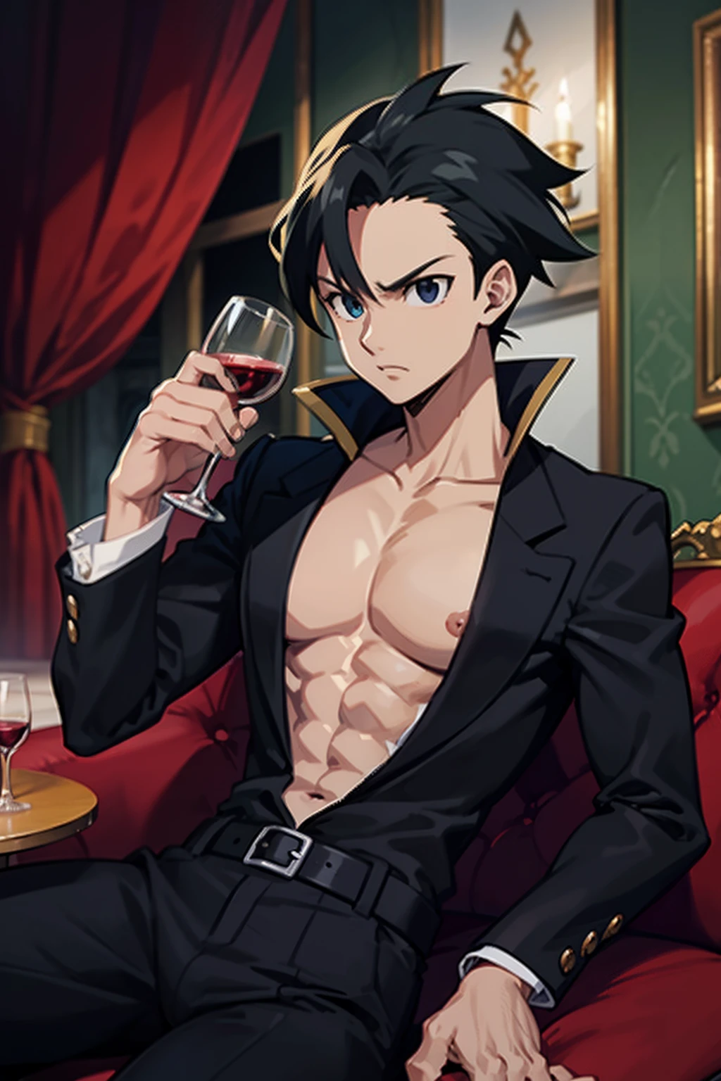 zeldris from seven deadly sins wearing a black suit drinking a glass of wine