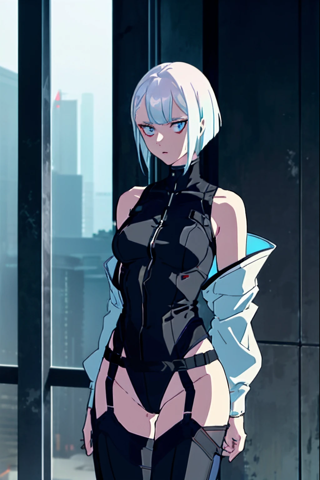 cyberpunk edgerunners, 1girl, lucy \(cyberpunk\), bare shoulders, blue eyes, breasts, leotard, looking away from viewer, back facing viewer, medium breasts, off-shoulder jacket, off shoulder, red eyeliner, short hair, sleeveless turtleneck leotard, solo, turtleneck leotard, white hair, ((masterpiece))