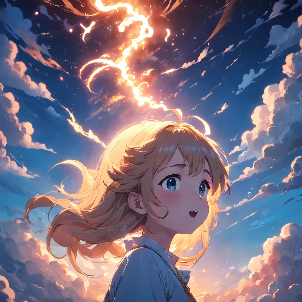 masterpiece, best quality, movie still, 1girl, cloud girl, floating in the sky, close-up, bright, happy, warm soft lighting, sunset, (sparks:0.7)