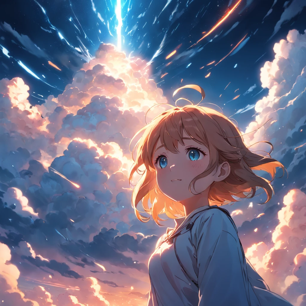 masterpiece, best quality, movie still, 1girl, cloud girl, floating in the sky, close-up, bright, happy, warm soft lighting, sunset, (sparks:0.7)