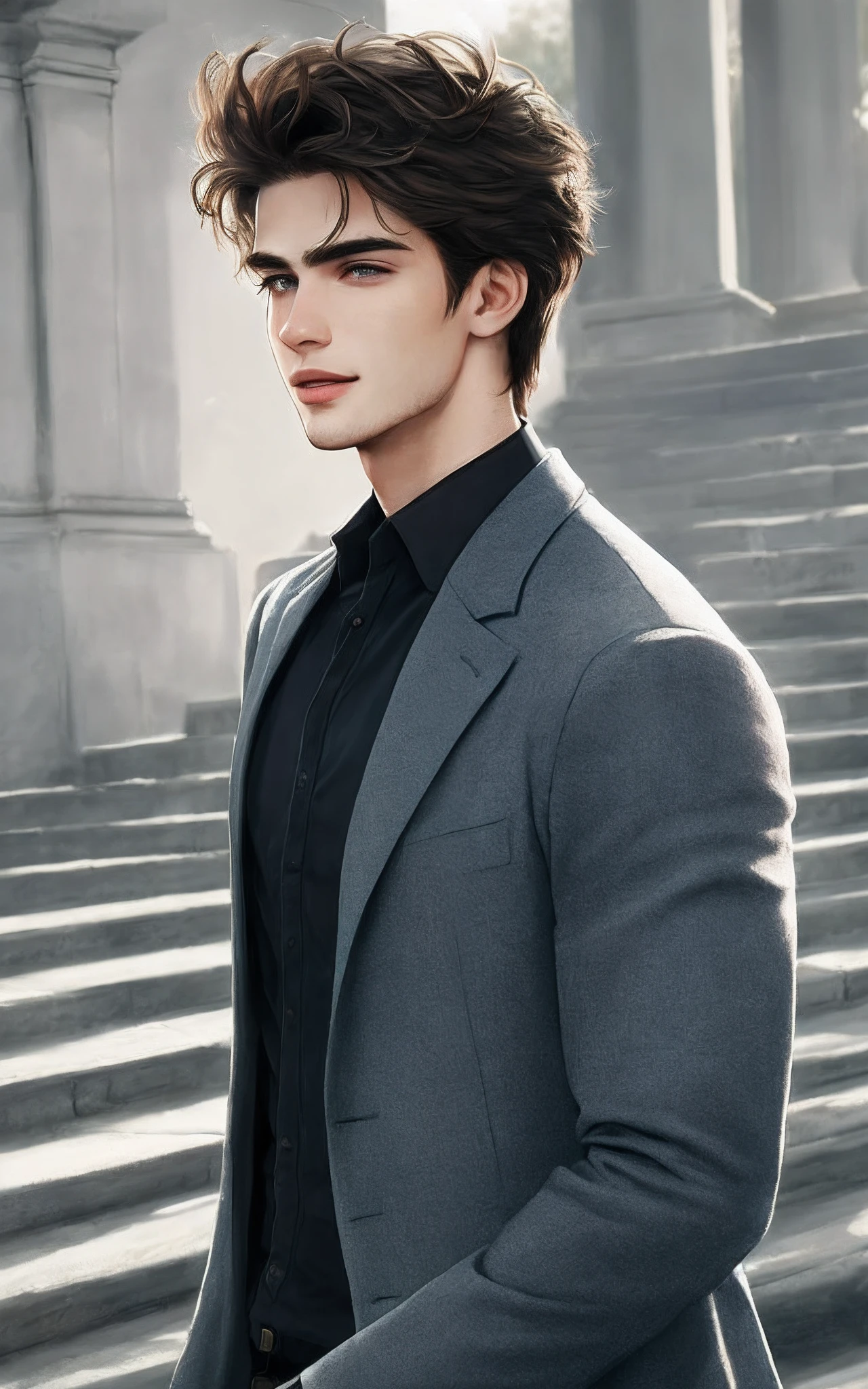 Male handsome young man，In his twenties，Heroic，Sunny and cheerful，Boyish，The wind ruffled his hair slightly，Three-dimensional facial features，s delicate face，He came up the stairs toward me，The corners of the lips are slightly hooked，It shows that he is in a good mood now，ultra-realistic realism