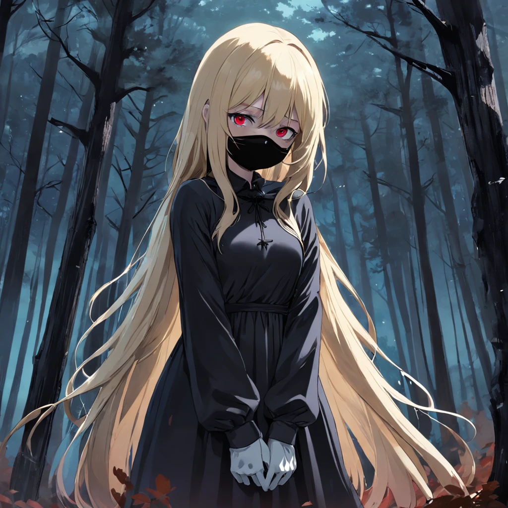 short girl with a large and long puffy black dress with long sleeves covering her entire body, white sickly skin, long black gloves, very light blond long hair slightly covering her face, empty and tired black eyes, standing in a dark forest, a black hood over her head, sad and tired expression on her face, weak and malnourished body structure