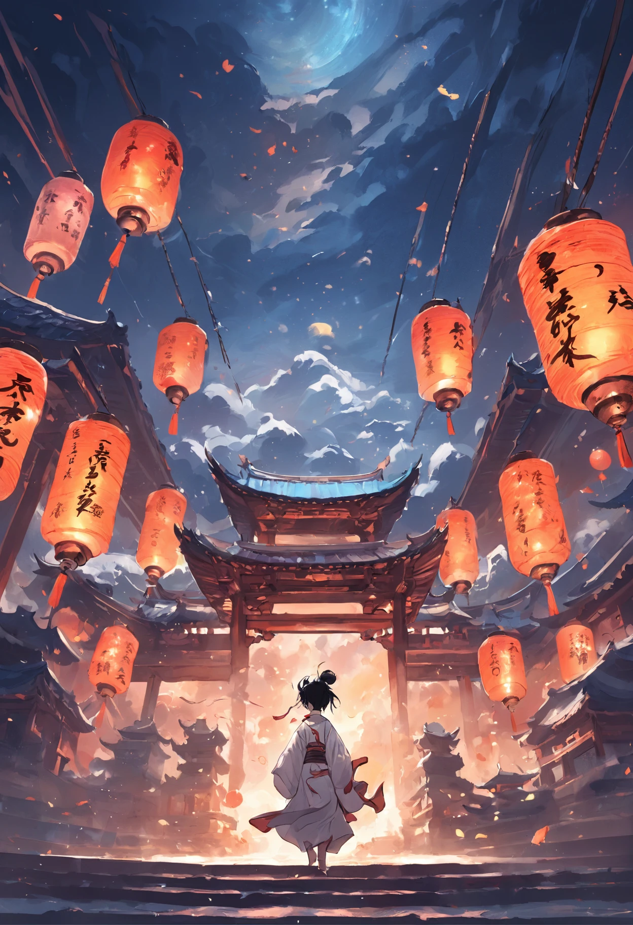 the night,themoon,game scenes,Ancient Chinese palaces are located above the clouds,surrounded by cloud,Homem-Imponente,glazed tiles,BUDDHA STATUE,Lanterns,gorgeous color,In the foreground are three arches((Color ink)),( (Splash ink ) ), ((Splash ink) ink})), tmasterpiece,high qulity,Beautiful graphics,high detal