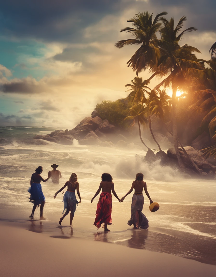 ((Calidad de primer nivel)), ((Obra maestra)), ((fiel a la vida)), Asunto: Ethereal dance landscapes of a Tulum beach party inspired by Albert Bierstadt Medio: Arte Digital Estilo: cinematic color grading, Obra inspirada en Albert Bierstadt Aviso positivo: Crear un ((Calidad de primer nivel)), ((Obra maestra)), ((fiel a la vida)) Digital artwork capturing the ethereal vibe of a Tulum beach party at sunset, inspired by the artistic style of Albert Bierstadt. The composition should exude a sense of serenity and dynamic energy as evening turns to night... Focus on the beach landscape with the golden hues of the setting sun casting a warm glow over the scene. Representa la costa arenosa que se encuentra con las suaves olas, Creating a harmonious backdrop for the dance party. Cinematic color grading should improve the atmosphere, infusing the scene with rich, vibrant tones that evoke the magical moment. It incorporates a charming DJ party atmosphere with people dancing to the music, surrounded by the sounds of celebration. Retrata a las dos hermosas chicas modelo bailando alegremente en primer plano, each holding a vape dispenser and creating wisps of smoke that add to the dynamic visuals... Sus personalidades vibrantes y la euforia del momento deben ser evidentes en sus expresiones y movimientos.. also incorporates a yellow Porsche 911 car, It channels Albert Bierstadt's artistic style by infusing the landscape with meticulous attention to detail and capturing the interplay of light and shadow.. It allows the colors of the sky to blend seamlessly with the tones of the beach and the ocean. The scene should evoke a sense of connection to nature and the rhythm of the music...
